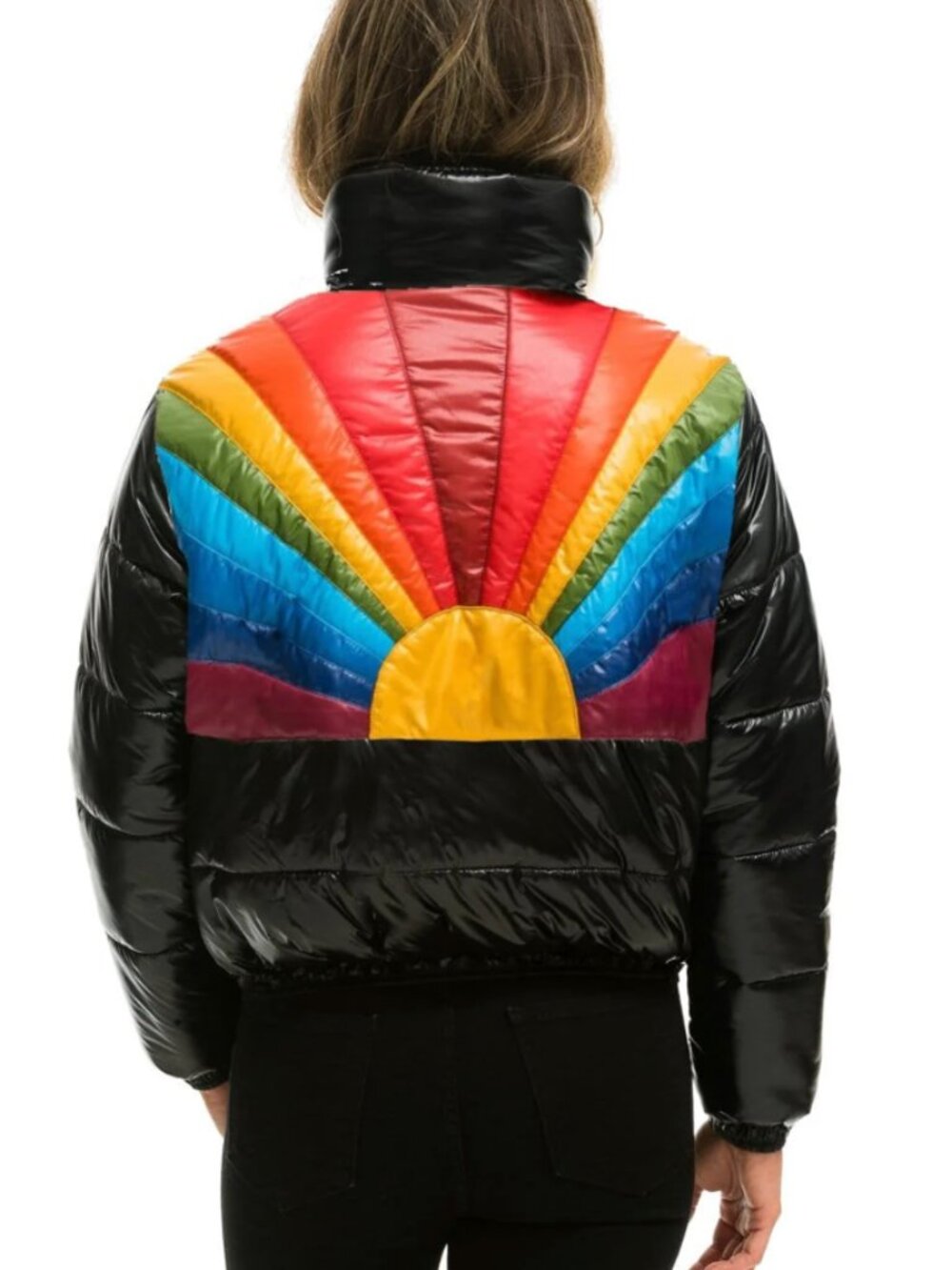 AVIATOR NATION SUNBURST PUFFER JACKET - GLOSSY BLACK - Small